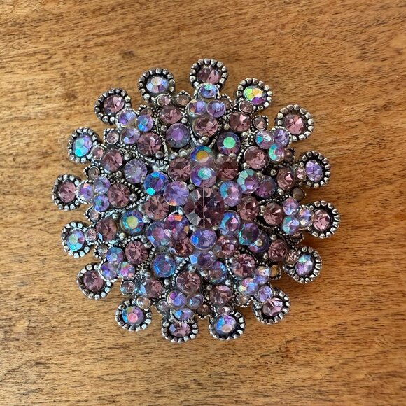 Rainbow Faux Rhinestone & Silver-Toned 3-Dimensional Brooch Pin - Picture 1 of 8